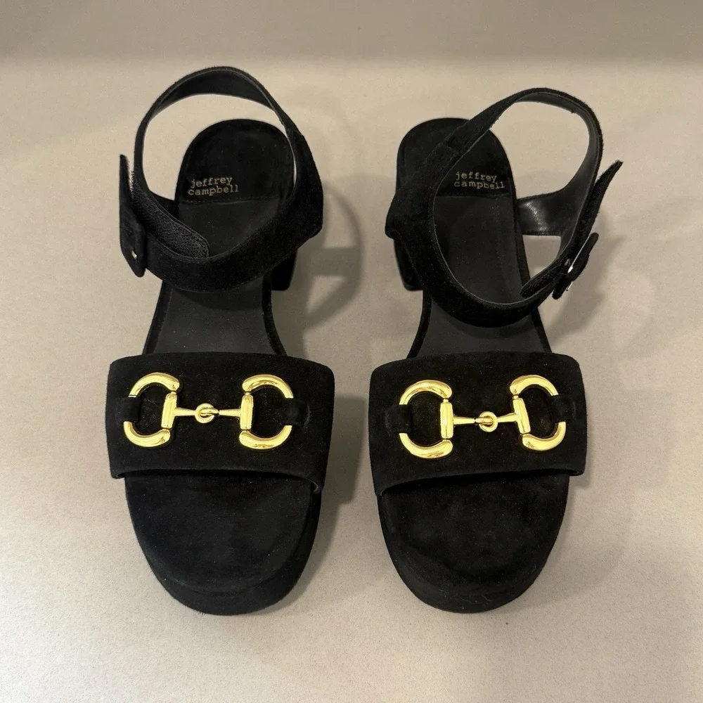 Jeffrey Campbell Timeless 2 Platform Sandals 9.5 Black Suede Retro Chic Chunky